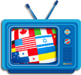 Blue television displaying country flags on the tube